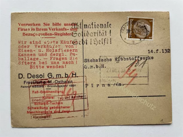 orig. Reklame Postkarte 1937 Frankfurt am Main D. Desoi Osthafen