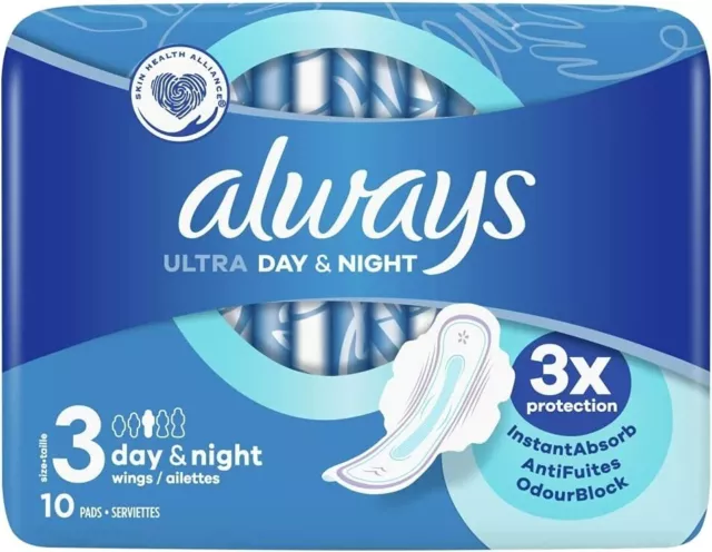 0,49€/Stück-4xAlways Damenbinden (Größe 3)mit Flügeln Ultra Day & Night-10 Stück