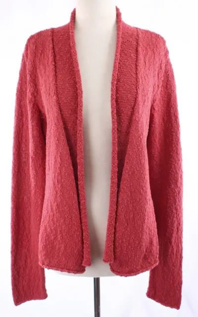 Eileen Fisher Open Front Cotton Knit Cardigan Sweater Coral Salmon Red sz L