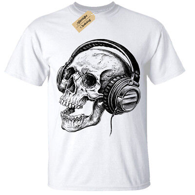 Kids Boys Girls Skull Headphones SCREEN PRINTED T-Shirt band skeleton retro