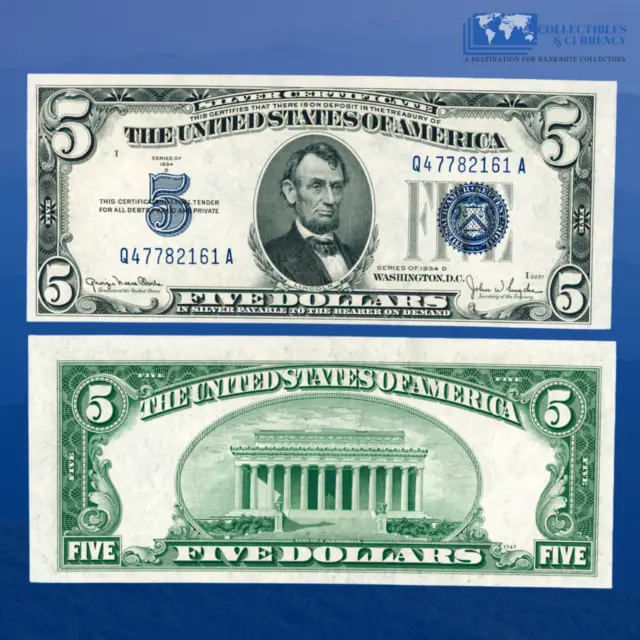 1934D $5 Five Dollars Bill Silver Certificates Blue Seal, Q/A Block, CU #82161