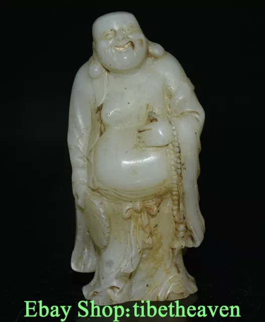 4.8" Old China White Jade Carving Feng Shui Happy Laugh Maitreya Buddha Statue