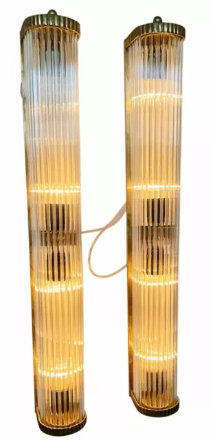 Pair Large Old Vintage Art Deco Brass & Glass Rod Ship 4 Light Wall Sconces Lamp
