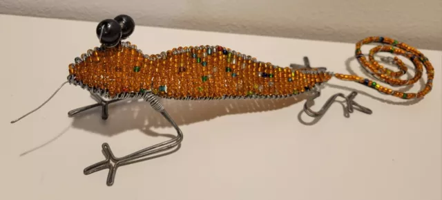 Gecko Figurine Sculpture Glass Beads & Metal Wire Beaded Orange-A20