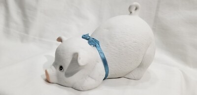 vintage Cute, Large Pig ceramic figurine. 9 inches long. Blue ribbon.