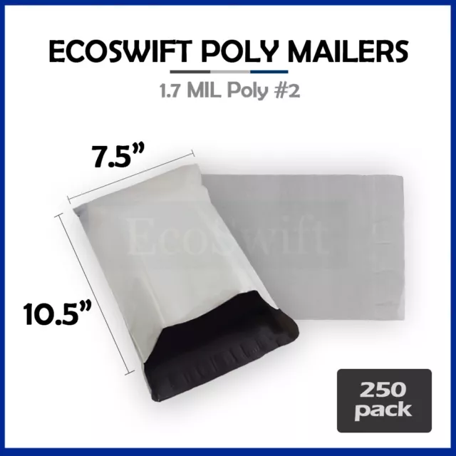 250 7.5 x10.5 EcoSwift White Poly Mailer Shipping Envelope Self Seal Bags 1.7MIL