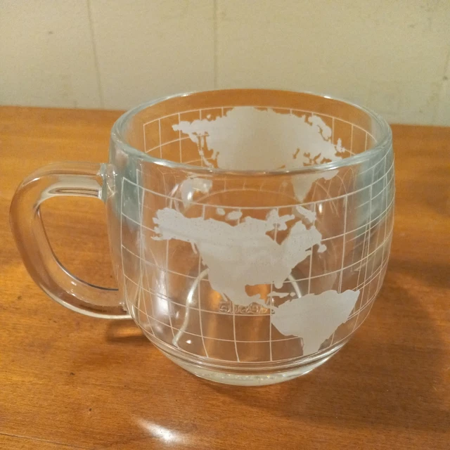 VINTAGE NESTLE NESCAFE World Globe Frosted Glass Coffee Mug Cup Marked