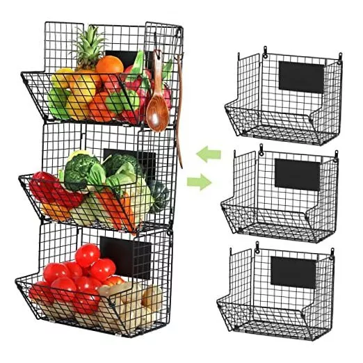 Metal Wire Basket Wall Mount, 3 Tier Wall Storage Basket Organizer with Black