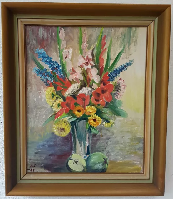 Wunderschönes Ölgemälde mit Rahmen Malerei Oil Painting Stillleben Blumen 1950