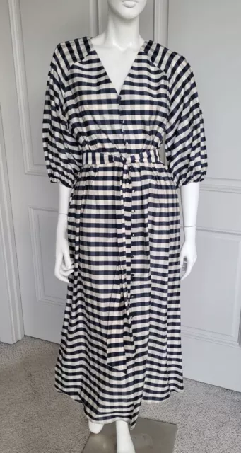 H&M hm Checkered Bubble Sleeve Midi Dress Belted Sz S