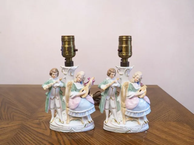 Pair of Antique CARL SCHNEIDER Grafenthal Couple Playing Music Figurine Lamps