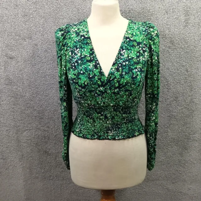New Look Green Floral Crop Top Long Sleeve Sheering Hem Wrap Bnwt Y2K Uk 8
