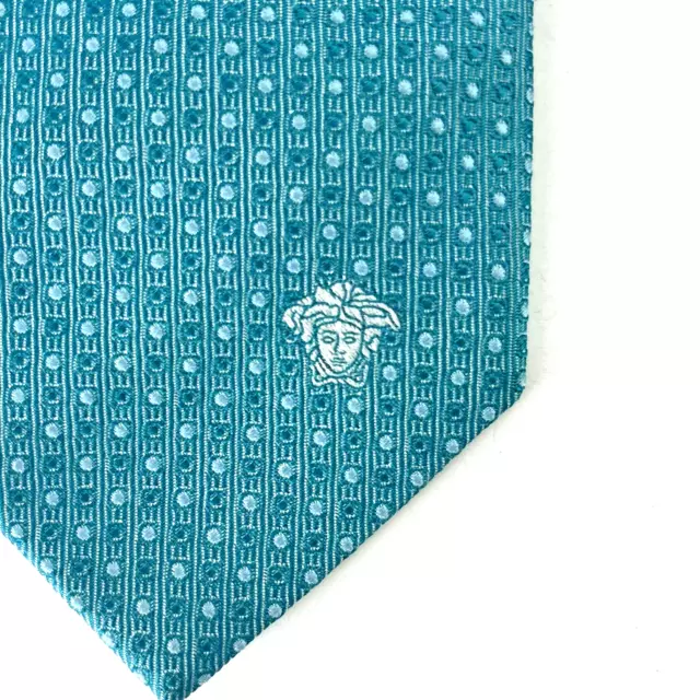 VERSACE Blue Teal Geometric Medusa Made In Italy Silk Knit Tie Dot Circle