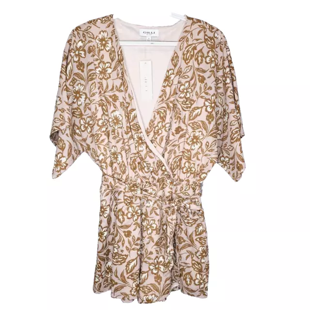 Gilli Romper Womens Medium Brown Floral Wrap Waist V-Neck Lightweight NWT