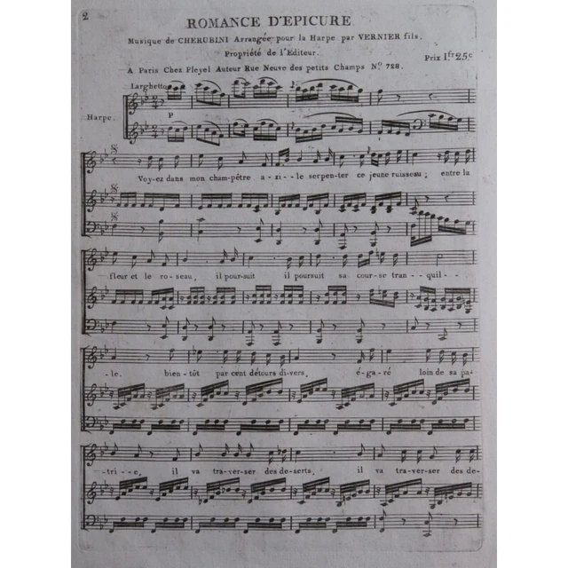 CHERUBINI Luigi Romance d'Epicure Chant Harpe ca1800