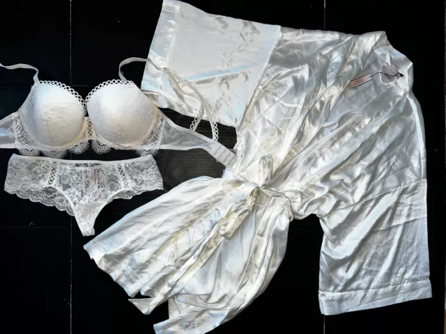 Victoria's Secret 34DD Bh Set Tanga + Robe Kimono Kokosnuss Weiße Spitze