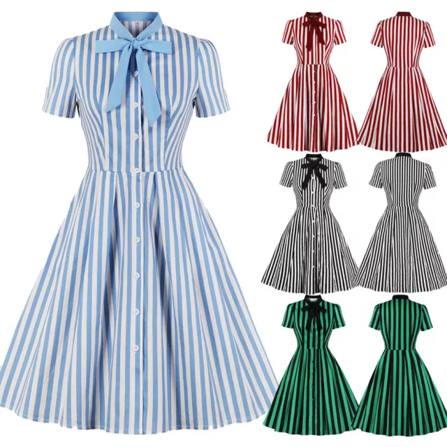 Ladies Vintage Striped 50s Summer Evening Rockabilly Party Swing Dress Plus Size