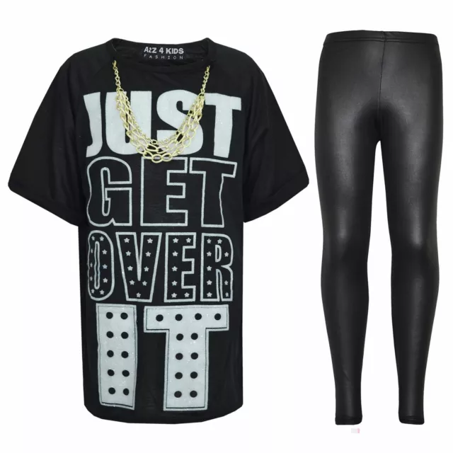 Kids Girls Black Just Get Over It Print T Shirt & Fashion Legging Set 7-13 Yr