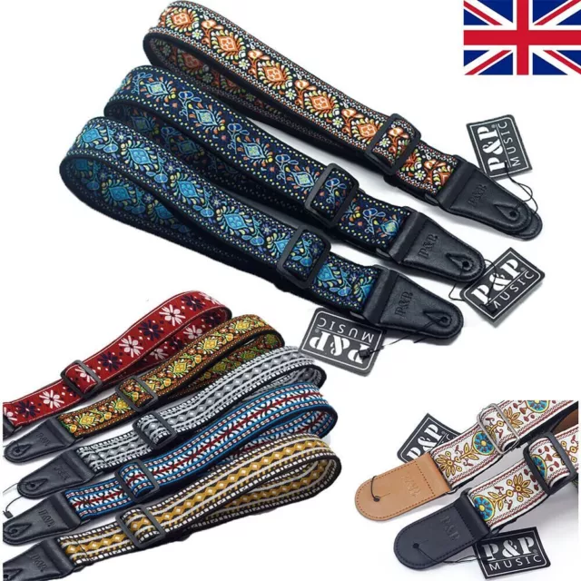 Guitar Bass Belt Embroidered Guitar Strap Leather End for Bass/Acoustic/Electric