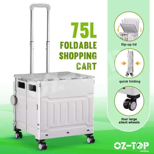 75L Shopping Trolley Cart Foldable Market Grocery Storage Luggage Basket Crate
