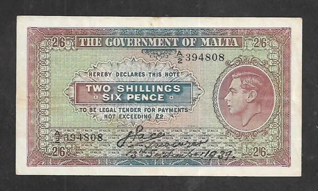 Malta - 2 Shillings & 6 Pence,1939  P-11  King George VI circulated