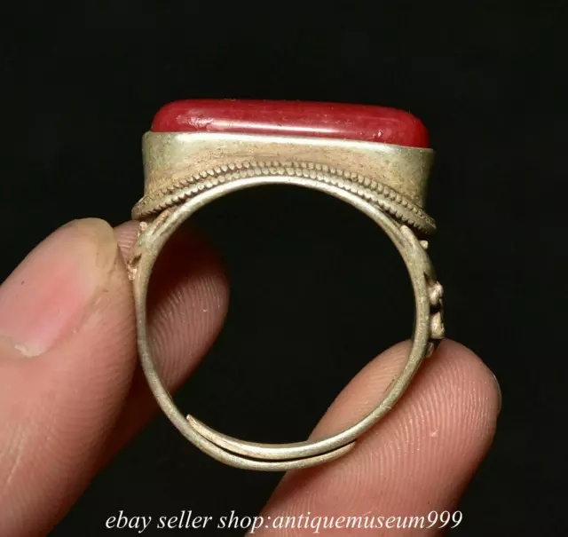 1.2" Marked Old Chinese Silver inlay Red Jade Flower Jewelry Ring