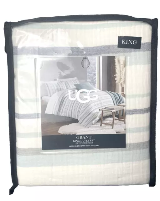 UGG Grant Luxury 3 Piece Duvet Cover Set 100% Cotton Sky Aqua Stripe King $220