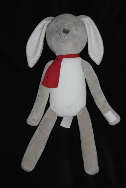 Doudou lapin OBAIBI OKAIDI blanc gris oreilles rayés écharpe rouge scratch 40 Cm