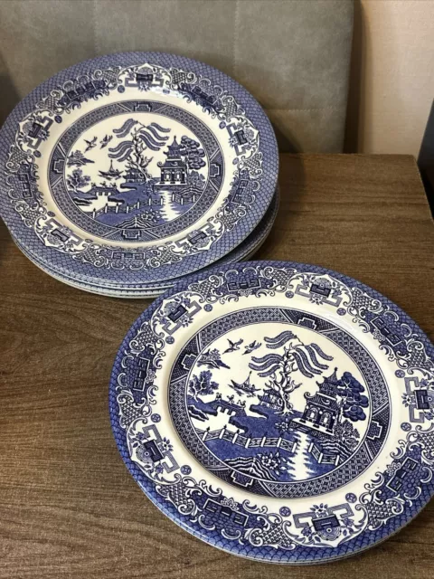 Vintage 8 x Willow English Ironstone Pottery Dinner Plates Blue & White VGC