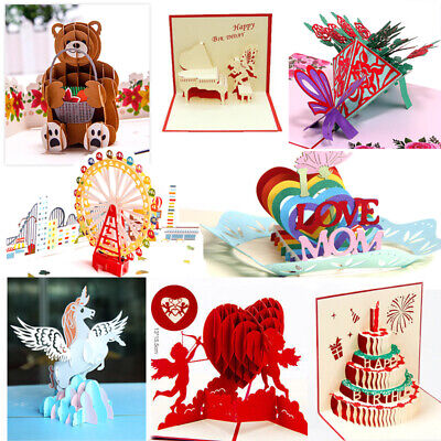 3D Pop Up Greeting Cards Birthday Valentines Day Holiday Anniversary Postcards