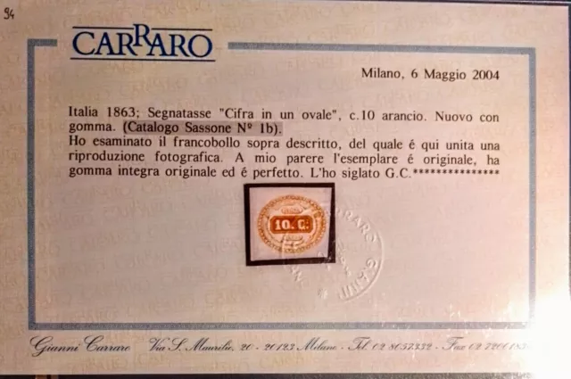 Regno, 10C Incusso In un ovale. Segnatasse del 1863. Qualità Gi,MNH** Lusso.