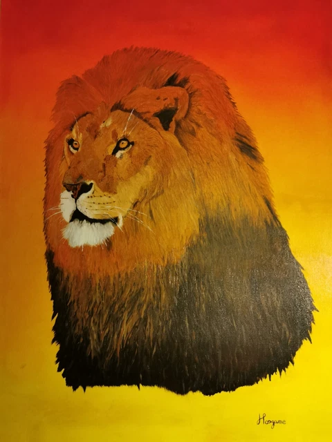 Peinture à huile du portrait d'un lion dans la savane regardant au loin