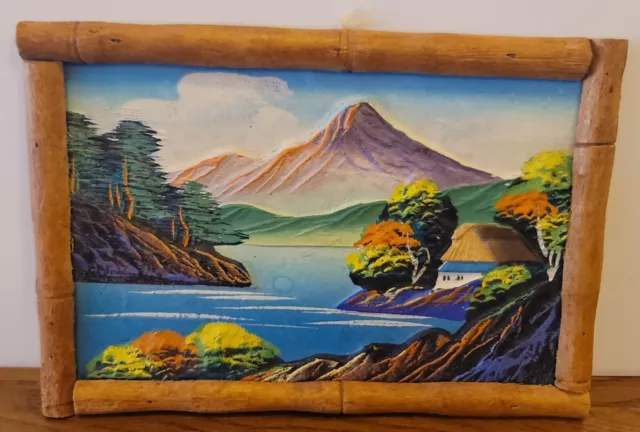 Mid Century Hand Painted Carved Small Wood Mountain Landscape Painting