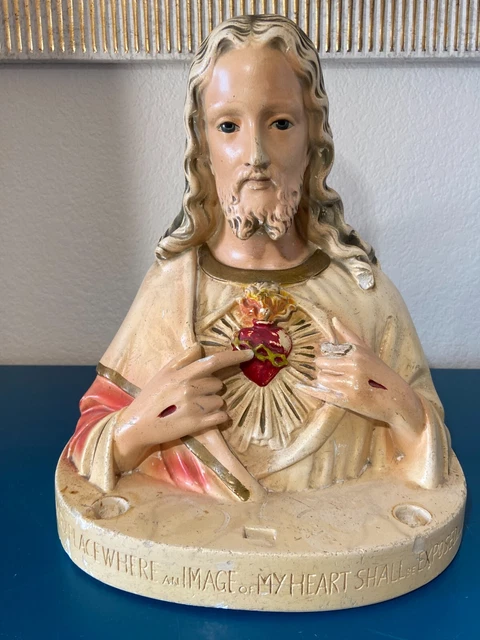 VINTAGE SACRED HEART of JESUS Chalkware Bust w/ Candle Holders PSCI $40