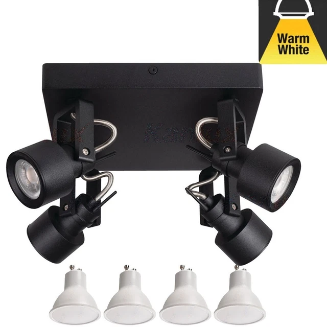 Modern Black 4 Spot Bathroom Kitchen LED GU10 Bulb Ceiling Bar Light Fitting AC
