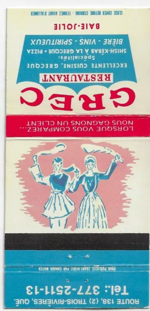 Matchbook Cover Restaurant GREC Baie-Jolie Trois-Rivières Quebec CIty Canada