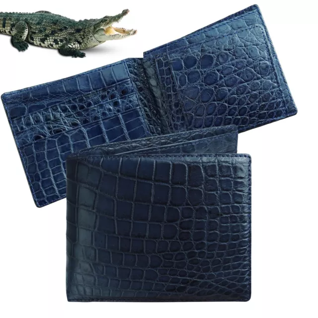Blue Bifold Leather Wallet Crocodile Multiple Card Slots Handmade Gift for Men