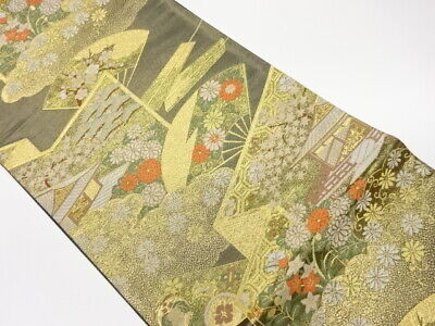6042442: Japanese Kimono / Vintage Fukuro Obi / Gold Foil / Woven Temple & Flowe