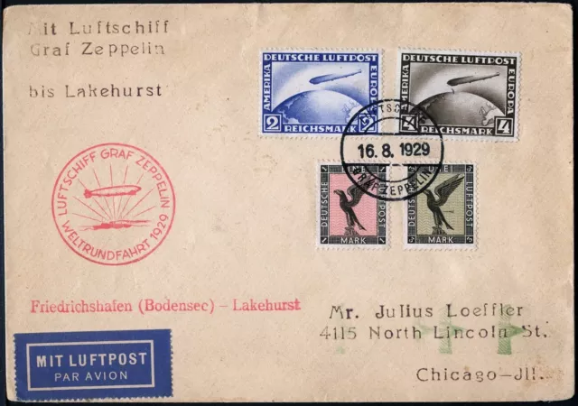 Zeppelin Dt. Reich 1929 Weltrundfahrt Bordpost MiF 10 RM Lakehurst Si 30 Bc/1527