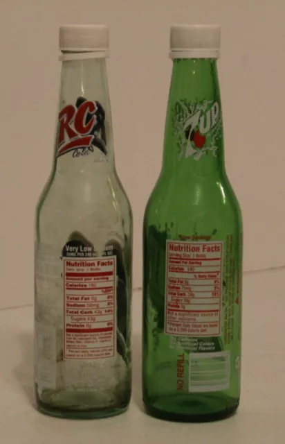 Vintage RC Cola / Royal Crown Soda & 7UP, 12oz Glass Bottle Plastic Cap lot of 2 2