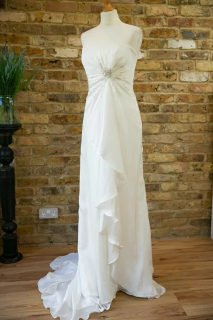 New Soft Ivory Chiffon Floaty Embellished Wedding Dress Size 14