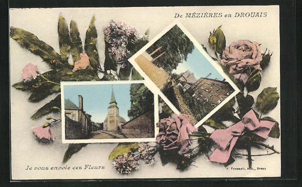 CPA Mézières-en-Drouais, vue de la rue avec l'Église