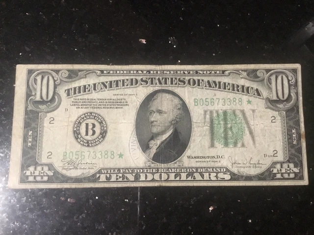 1934c federal reserve star note error—good condition—reverse off centered