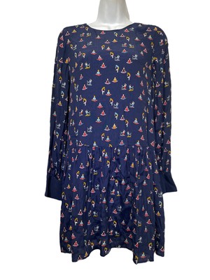 Zara Navy Blue Yoga Poses Printed Dropwaist Ruffle Dress Womens Size S