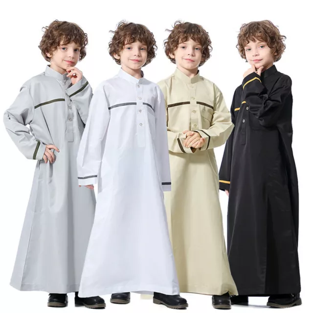 Muslim Islamic Kids Boys Jubba Kaftan Thobe Arab Long Sleeve Casual Robes Dress