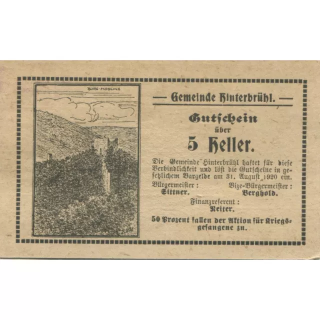 [#284558] Banknote, Austria, Hinterbrühl, 5 Heller, ruine, 1920, UNC Mehl:FS