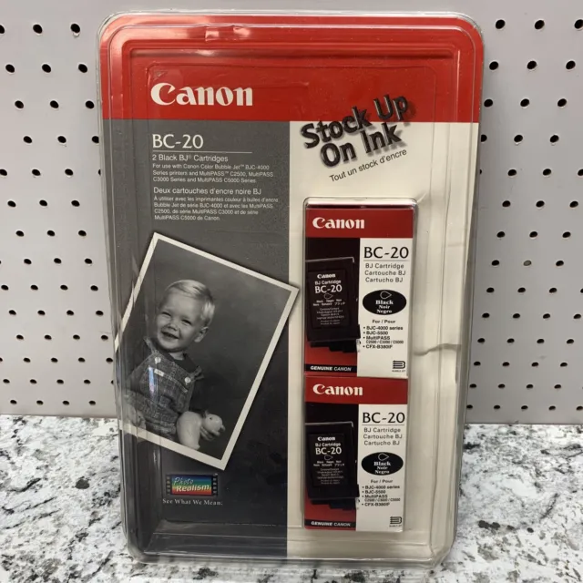 New Genuine 2PK Canon BC-20 Black Ink Cartridges, Multipass C2500, BJC-4300- NEW