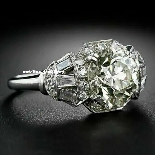 3.16CT Round Cut Lab Created Diamond Art Deco Wedding Ring 14K White Gold Plated