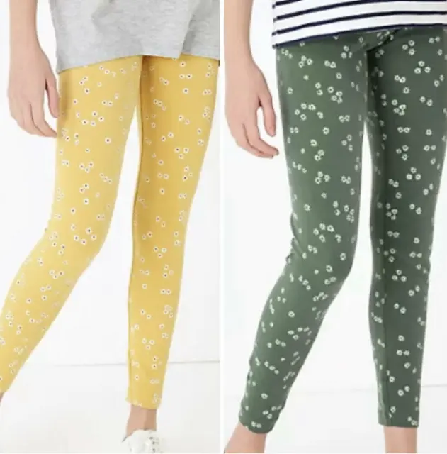 Girls Floral Leggings Green or Yellow NEW Ex M&S Stretch Cotton Age 6 to 16 Yr