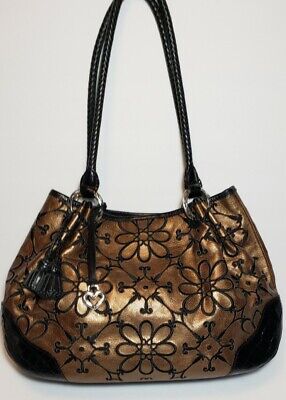 Brighton Valencia Metallic Bronzed Floral Embroidered Handbag Sholder Bag Purse
